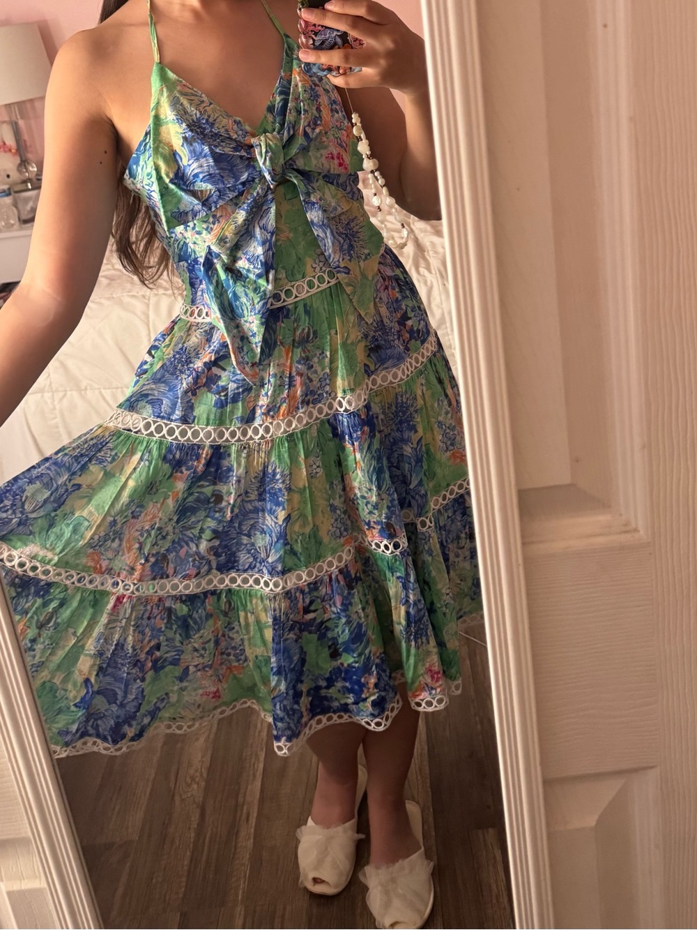 Size small-Women’s Floral Blue & Green Tie-Front Sundress